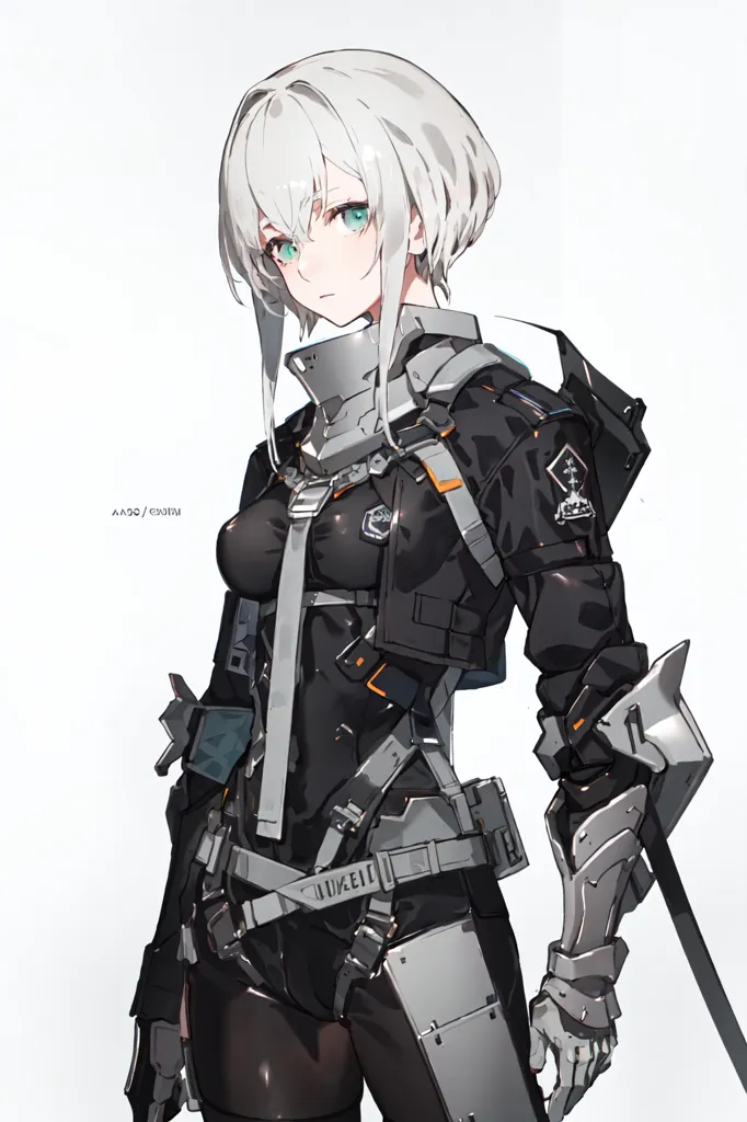 The image is an anime-style drawing of a young woman. She has short white hair and green eyes. She is wearing a black and white bodysuit with a lot of belts and buckles. She is also wearing a pair of black boots and a pair of black gloves. She is standing in a confident pose with her right hand on her hip and her left hand holding a sword.