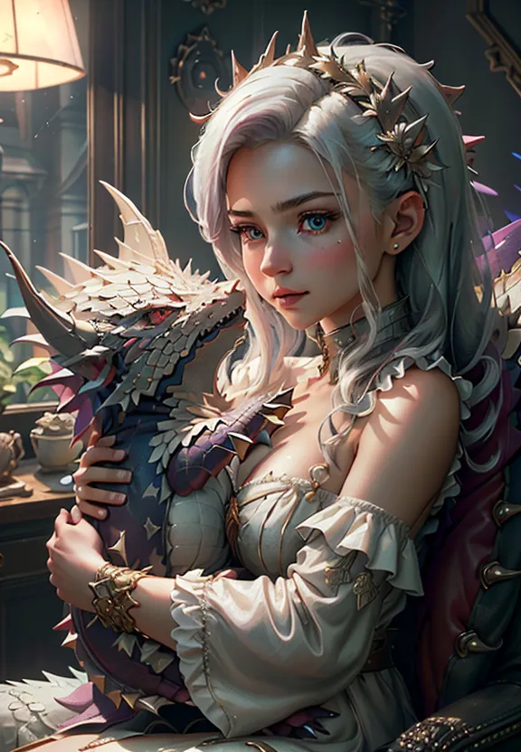 The image is of a beautiful woman with long white hair and blue eyes. She is wearing a white dress with a sweetheart neckline and a gold necklace. She is sitting on a chair and has a small dragon curled up in her lap. The dragon is gray and has a white belly. The woman is smiling down at the dragon and has one hand resting on its back. The other hand is holding the dragon's paw. The background is a blurry image of a room with a fireplace and a large window.