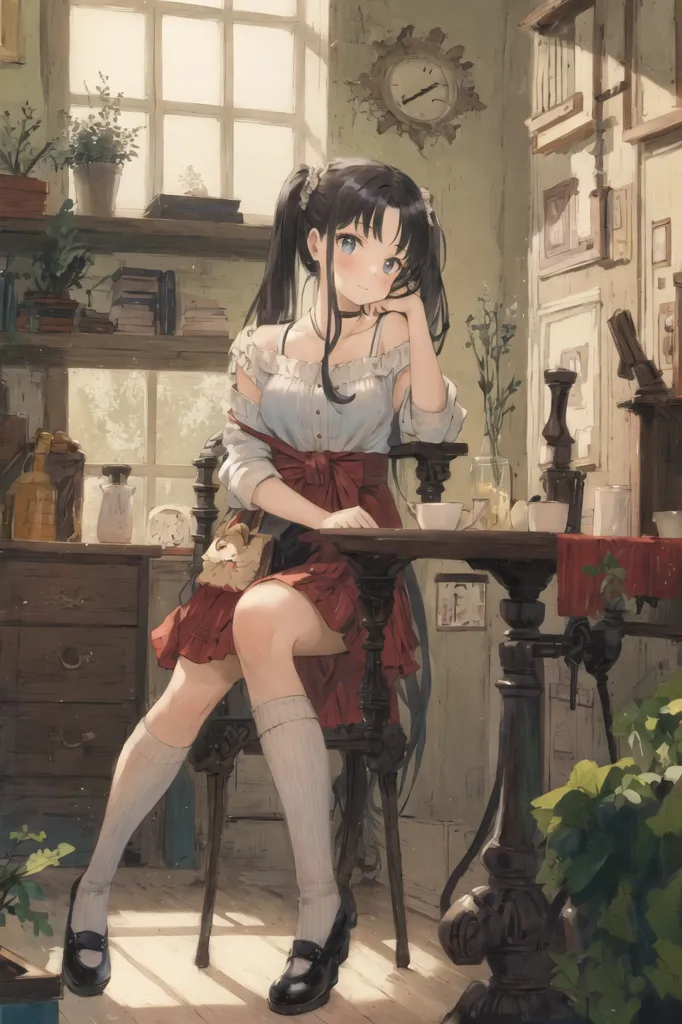 The image is a painting of a young woman sitting at a table in a coffee shop. The woman is wearing a white blouse, a red skirt, and a brown apron. She has long black hair and blue eyes. She is sitting in a chair with her right hand resting on her chin and the other holding a teacup. There is a The cat is sitting on the table in front of her. There are bookshelves and a clock on the wall behind her. The painting is done in a realistic style and the colors are muted and