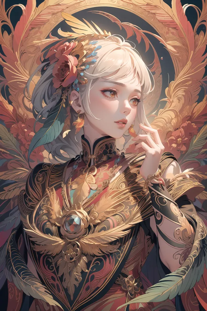 The image is a painting of a beautiful woman with long white hair and red and pink flowers in her hair. She is wearing a golden armor with red and green details. There are also some red and pink feathers around her. The background is a dark red with a golden glow around her.