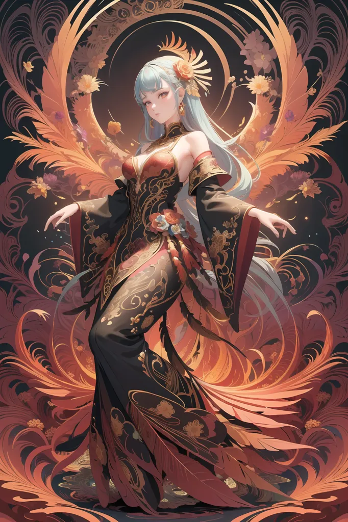 The image shows a woman in a red and gold dress with long blue hair and a phoenix hairpin. She is standing in front of a dark background with a golden halo and is surrounded by red and gold feathers. The woman has a serene expression on her face and is looking at the viewer with her hands outstretched.