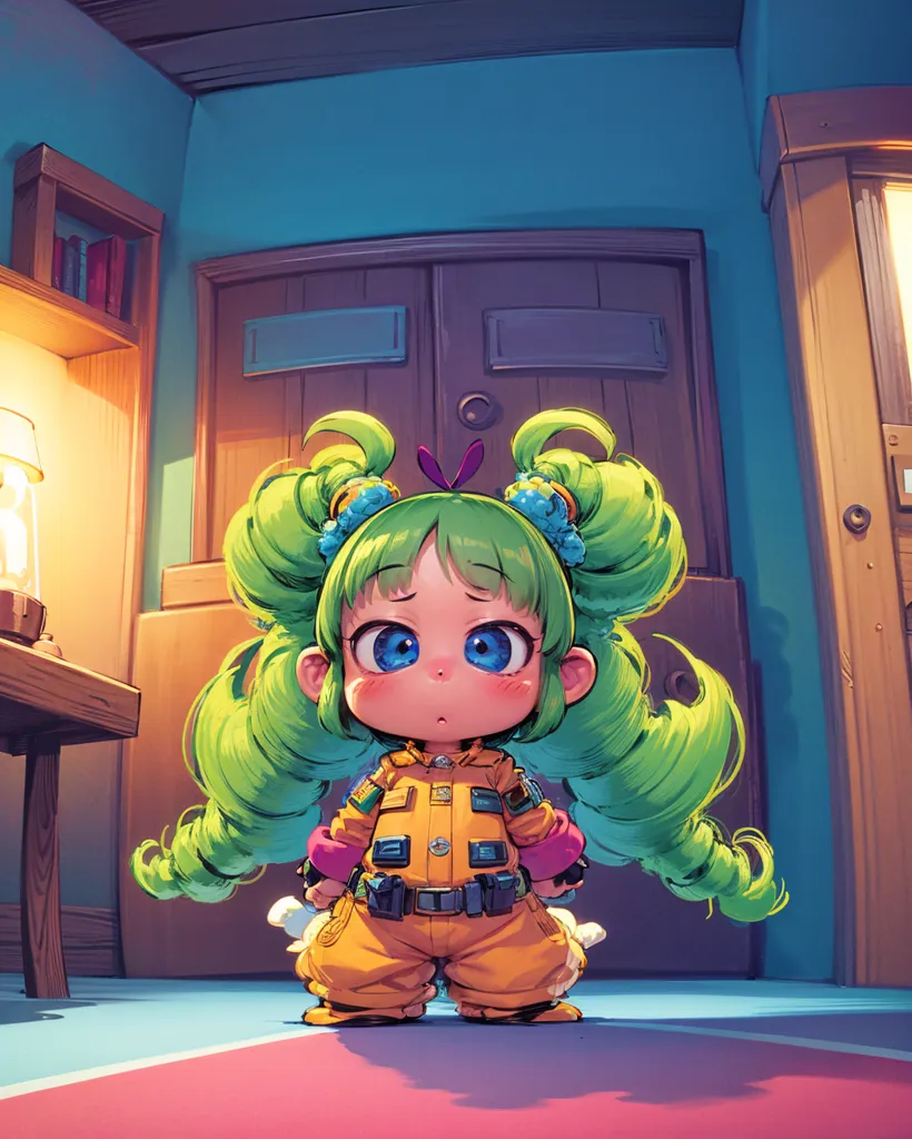 Esta es una imagen de una niña pequeña con el cabello verde y ojos azules. Lleva un mono naranja con cuello blanco y botas negras. Está de pie en una habitación con una pared azul y una puerta de madera marrón. Hay una lámpara sobre una mesa a su izquierda. La niña tiene las manos en las caderas y mira al espectador con una expresión curiosa en el rostro.