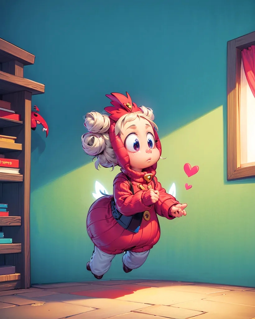 The image is a cartoon illustration of a small, winged girl in a red and white outfit. She has curly blonde hair and big blue eyes, and she is smiling. She is flying in a room with green walls and a brown floor. There is a bookshelf on the left side of the room and a window on the right side. The girl is surrounded by small, pink hearts.