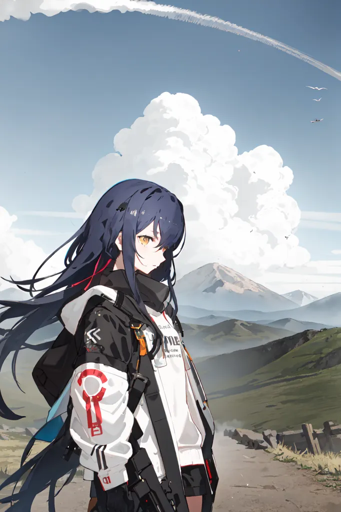 This is an image of a young woman with long black hair and yellow eyes. She is wearing a white jacket with a black hood and black pants. She is standing on a mountainside, looking out at the view. There are mountains in the distance and a blue sky with white clouds overhead.