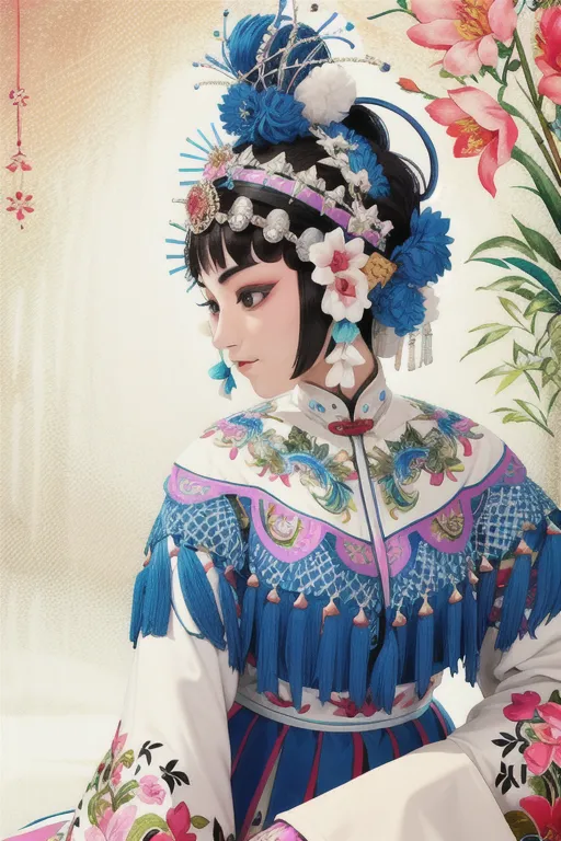 This is a picture of a Peking Opera performer in traditional Chinese opera costume. She is wearing a white and blue embroidered robe with a long blue cape. Her headdress is elaborate, with a blue and white base and several large pink and white flowers. She is also wearing heavy makeup, with pink blush and eyeshadow.