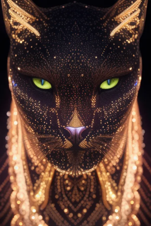 A imagem é um close-up do rosto de um gato preto. O gato tem olhos verdes e está usando um colar dourado. O pelo do gato está coberto de pequenos diamantes que brilham à luz. O fundo é preto, o que faz o rosto do gato se destacar. A expressão do gato é séria e parece estar encarando o observador.