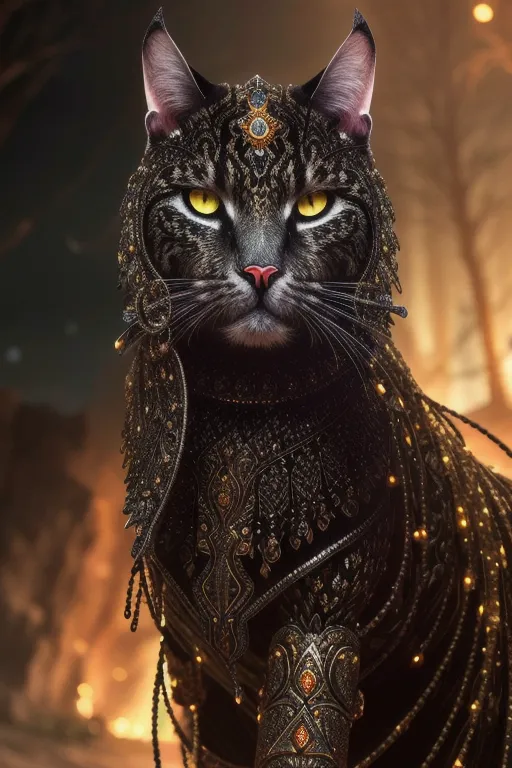 La imagen muestra un gato negro que lleva un elaborado tocado y collar. El tocado está hecho de oro y plata, y está decorado con joyas y cuentas. El collar está hecho de los mismos materiales y también está decorado con campanas. Los ojos del gato son amarillos y su pelaje es negro. El fondo es un bosque oscuro, con un fuego ardiendo a lo lejos.