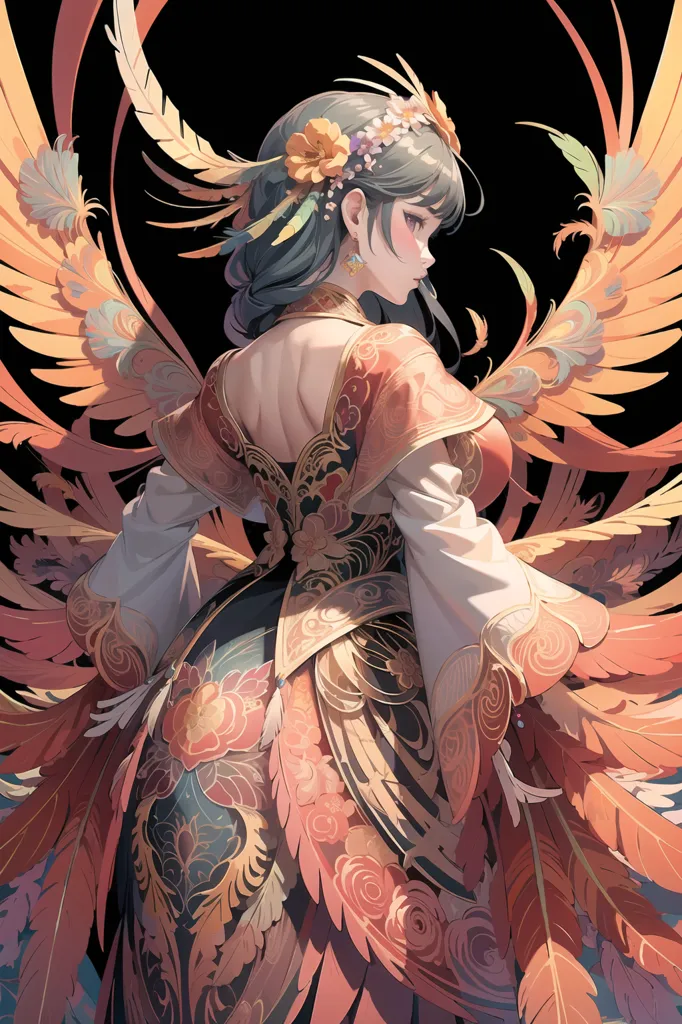 The image is a painting of a beautiful woman with long black hair and green eyes. She is wearing a revealing red and gold dress with a long flowing skirt. She has a pair of feathered wings that are a mix of orange, yellow, and brown. The background is black with a few feathers floating around.