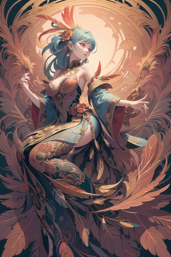 The picture shows a woman with blue hair and green eyes. She is wearing a revealing red and blue dress with a high collar and a long slit up one leg. She has a phoenix tattoo on her right leg. She is standing in front of a large moon, and there are feathers floating around her.