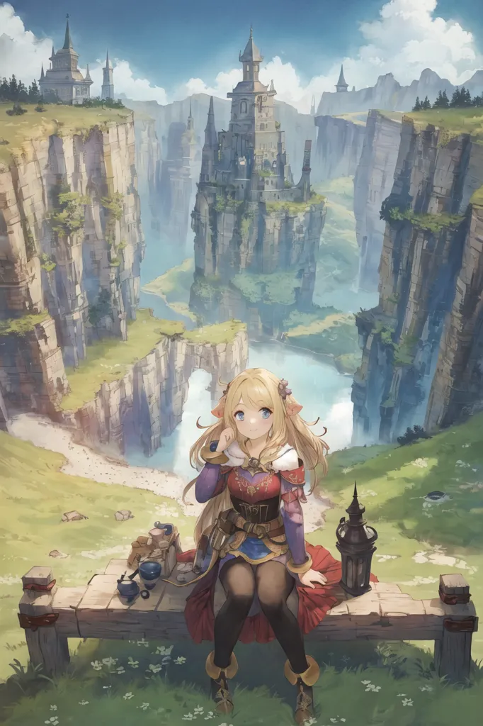 The image is of a fantasy world. There is a blonde girl with blue eyes sitting on a wooden fence in the foreground. She is wearing a red and white outfit and has a brown bag and lantern on her right. In the background, there is a large castle on a cliff surrounded by mountains. The sky is blue and there are some clouds.