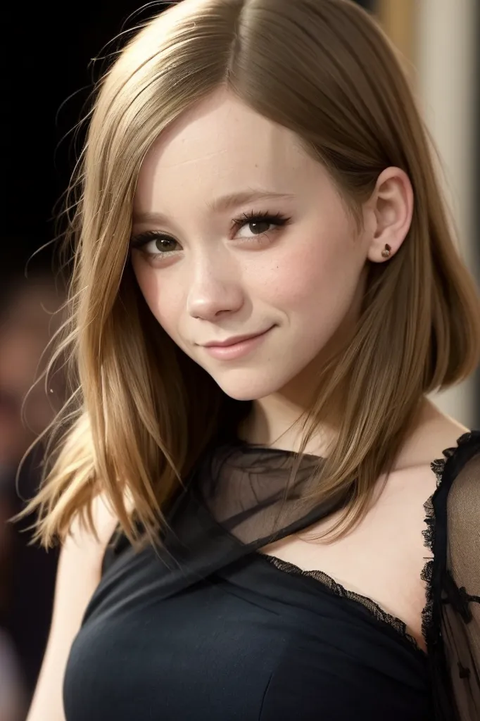 The image shows a young woman with long, light brown hair. She is wearing a black dress with a sweetheart neckline. The dress is made of a sheer material and has a lace overlay. The woman is smiling and looking at the camera. She has a small stud earring in her left ear. Her makeup is natural, with a light pink blush and a nude lip. The woman is standing in front of a dark background.