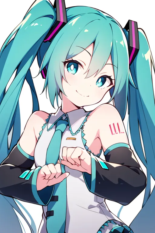 This is an image of a young girl with long, aqua-colored hair tied up in twintails. She is wearing a white shirt with a black tie and black headphones. She has blue eyes and a small smile on her face. She is standing with her hands in front of her chest.