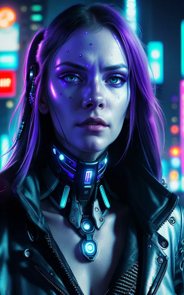 This is an image of a young woman, probably in her 20s, with purple hair and blue eyes. She is wearing a black leather jacket and a strange glowing device around her neck. The background is blurred and looks like a futuristic city at night.