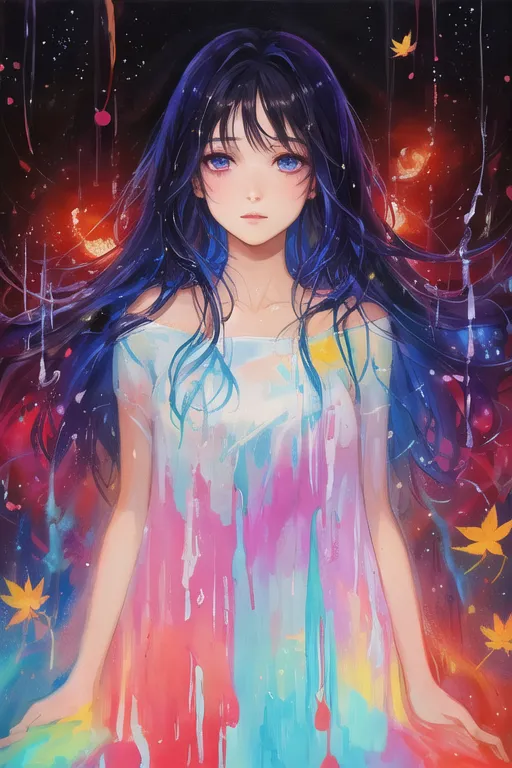 La imagen es una pintura de una mujer joven con el cabello azul largo y ondulado. Lleva un vestido blanco cubierto de pintura de colores. La mujer está de pie frente a un fondo oscuro y mira al espectador con una expresión triste. La pintura está hecha en un estilo realista y los colores son vibrantes y realistas.