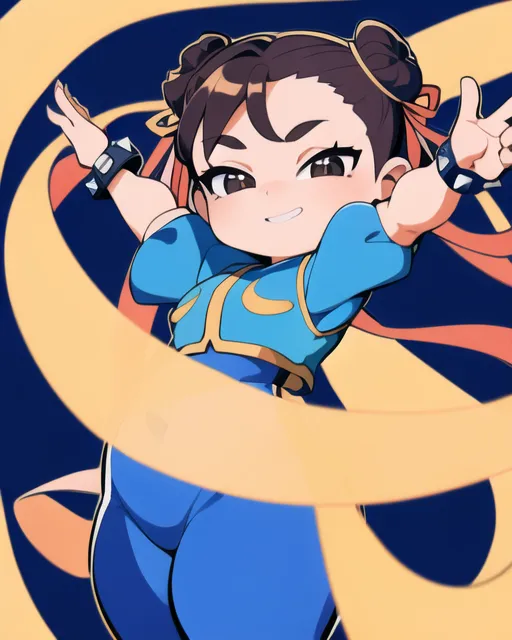 The image is of Chun-Li, a character from the Street Fighter video game series. She is depicted in a chibi style, with a simplified and cartoonish appearance. She is wearing her classic blue outfit and has her hair tied up in buns. She is smiling and has her arms outstretched, as if she is about to perform a move from the game. The background is a simple dark blue color, with a few light blue lines to suggest movement.