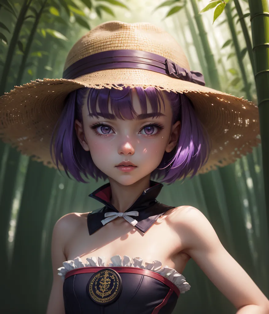 A young girl with purple hair and purple eyes is wearing a straw hat and a black and white striped swimsuit. She is standing in a bamboo forest. The girl's expression is serious.