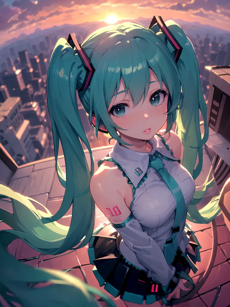 The image is a painting of a young woman with long green hair and blue eyes. She is wearing a white shirt and a black skirt. She is standing on a rooftop with a cityscape in the background. The sun is setting and the sky is a gradient of orange and pink. The woman is looking down at the viewer with a slight smile on her face.