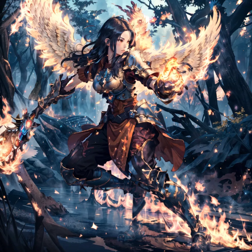 This is an image of a female warrior with brown hair and brown eyes. She is wearing a revealing outfit of red and brown leather armor. She has a pair of fiery wings made of orange flames. She is also holding a sword and a fireball in her hands. She is standing in a forest setting, surrounded by trees and a river.