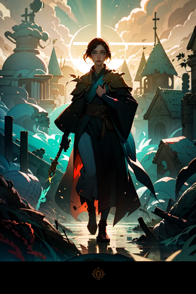 This is an image of a person standing in a ruined city. The person is wearing a long dark blue coat with red and gold trim. They have a sword in their right hand. The city is in ruins, with broken buildings and debris everywhere. There is a bright light in the sky, and dark clouds.