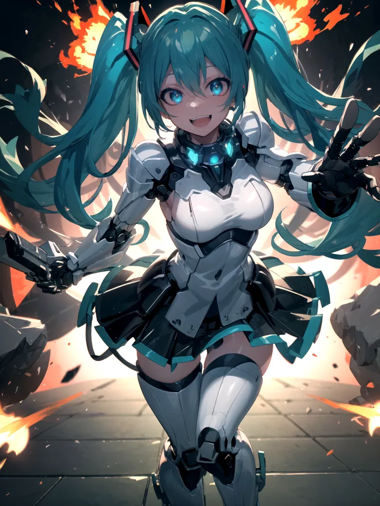 This is an illustration of a female character with long blue hair and blue eyes. She is wearing a white and black bodysuit with a pleated skirt. She has a mechanical arm and leg and is surrounded by fire and debris. She has a determined expression on her face and appears to be ready for battle.