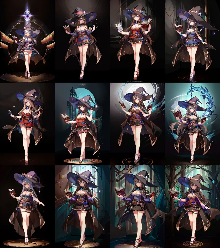 The image shows a grid of 9 different images of a female character. The character is a witch with long purple hair and blue eyes. She is wearing a black and red dress with a white collar and a long black hat. She is also carrying a book. In each image, the character is standing in a different pose and is surrounded by different objects. In one image, she is standing in a library, surrounded by bookshelves. In another image, she is standing in a forest, surrounded by trees. In another image, she is standing on a cliff, surrounded by clouds. The images are all very detailed and the character is drawn in a realistic style.