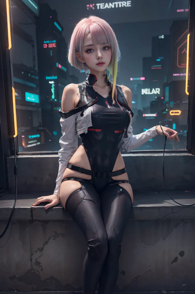 The image shows a young woman with pink hair and blue eyes. She is wearing a black bodysuit and a white jacket. She is sitting on a ledge in front of a window. The window is showing a futuristic city. The woman is holding a cable with her right hand. She is looking at the camera with her left hand resting on her lap.