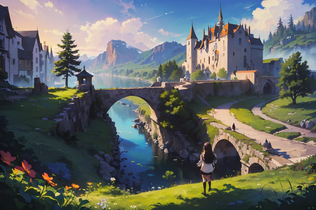 The image is a beautiful landscape of a castle. The castle is made of white stone and has a large tower. It is surrounded by a green forest and there is a river in front of it. There is a small village next to the castle and a bridge that leads to the castle. A girl is standing on the bridge and looking at the castle.