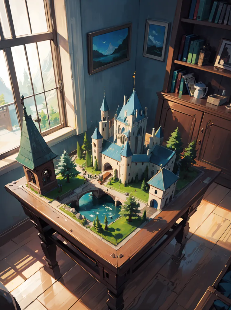 The image shows a diorama of a castle on a table. The diorama is very detailed, with a castle, trees, a river, and a bridge. The castle is made of gray stone with blue and green accents. The trees are green and the river is blue. The diorama is placed on a wooden table in front of a window. The window is covered in sunlight. There is a wooden bookshelf to the right of the table. The bookshelf is filled with books and a few knick-knacks.