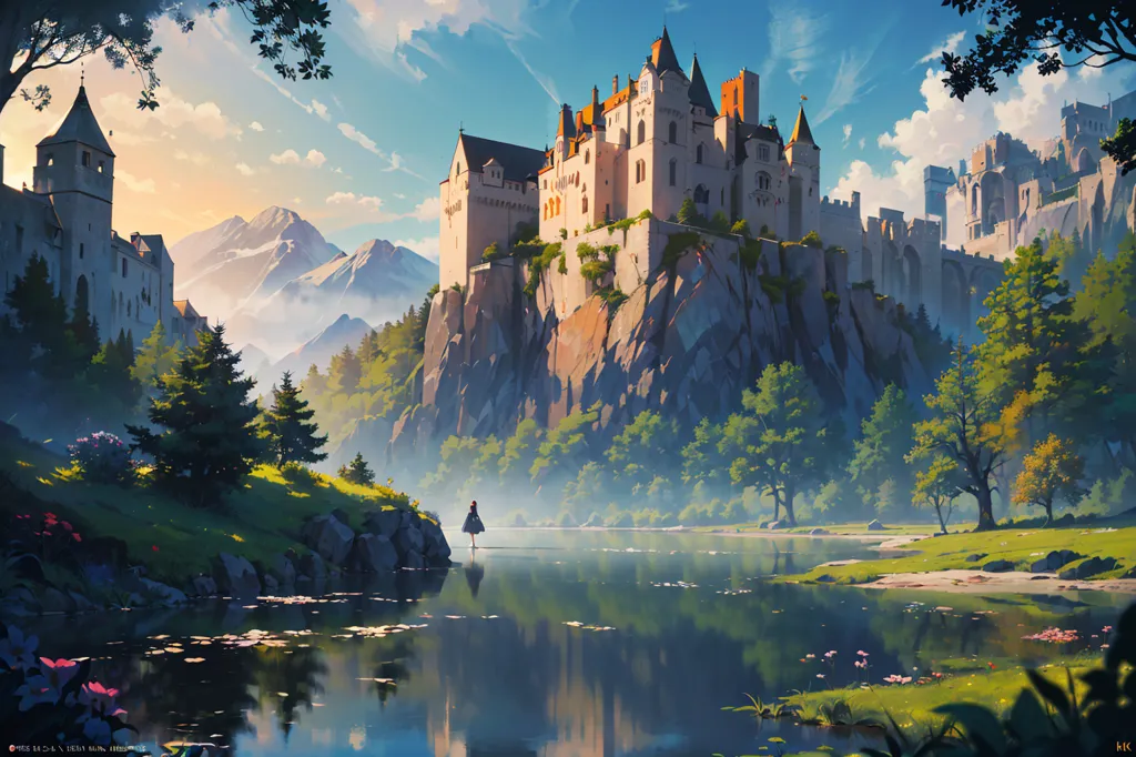 The image is of a castle on a cliff. The castle is made of gray stone and has many towers and turrets. It is surrounded by a forest and there is a river in front of it. There is a mountain range in the background. The sky is blue and there are some clouds. There is a girl with a red cape standing on the edge of the river.