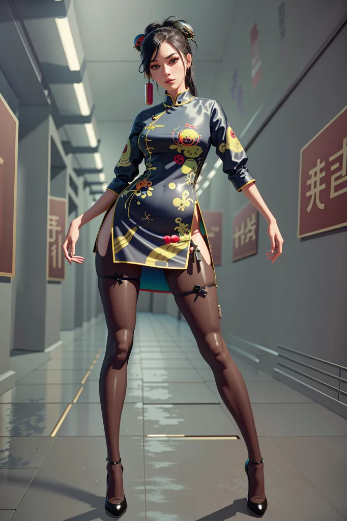 The image shows a woman wearing a black cheongsam with yellow and red accents. The cheongsam is high-collared and has a short skirt with a slit on one side. She is also wearing black stockings and black high heels. Her hair is pulled back in a bun and she is wearing red lipstick. She is standing in a modern hallway with concrete walls and tiled floors.