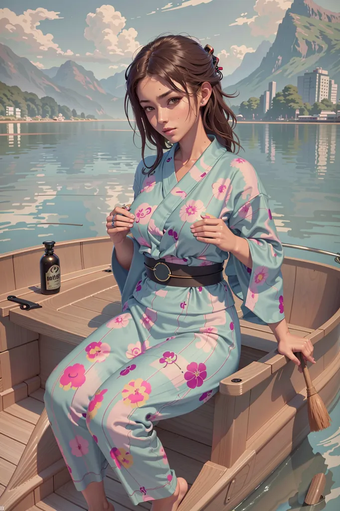 The image shows a young woman in a blue kimono with pink and white floral patterns sitting in a boat. She is sitting with her right hand on her chest and her left hand holding an oar. There is a bottle and a cup on the boat. The background shows a lake with a mountain and a city in the distance. The sky is blue with white clouds.