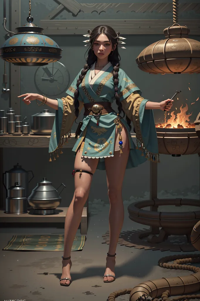 The image shows a beautiful Asian woman standing in a room. She is wearing a blue and gold kimono and has long black hair. She is holding a pair of tongs and there is a fire burning in a brazier next to her. There are various metal objects and tools on a table behind her. The woman is looking at the viewer with a confident expression.