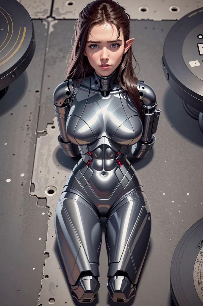 The image depicts a beautiful woman with long brown hair and blue eyes. She is wearing a silver metallic bodysuit that covers her entire body. The suit has several red and blue glowing lines running along its surface, and there is a small device attached to her right arm. She is kneeling on a metal surface, and there are several large machines in the background.