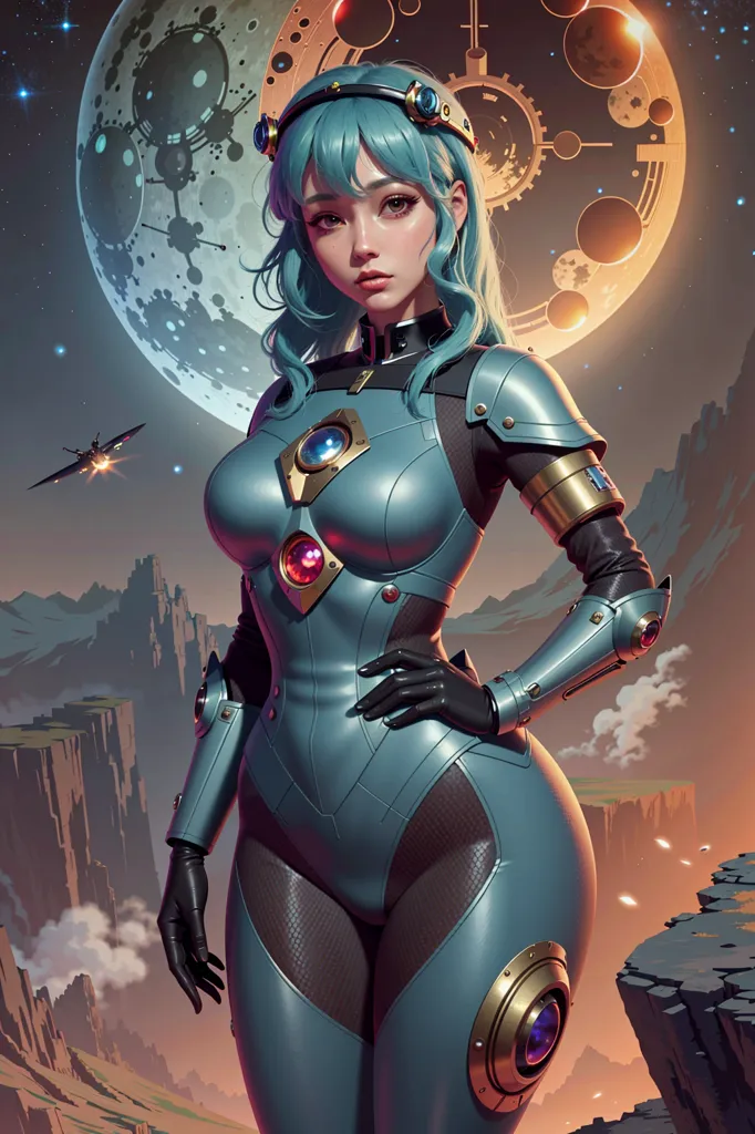 Esta es una imagen de una mujer de pie en un paisaje rocoso de la luna o de un planeta. Lleva un traje ajustado de armadura futurista de color azul y gris. Tiene el cabello largo de color azul y ojos verdes. Hay una luna o planeta grande con dos lunas o planetoides pequeños en el fondo. También hay una nave espacial en el fondo.