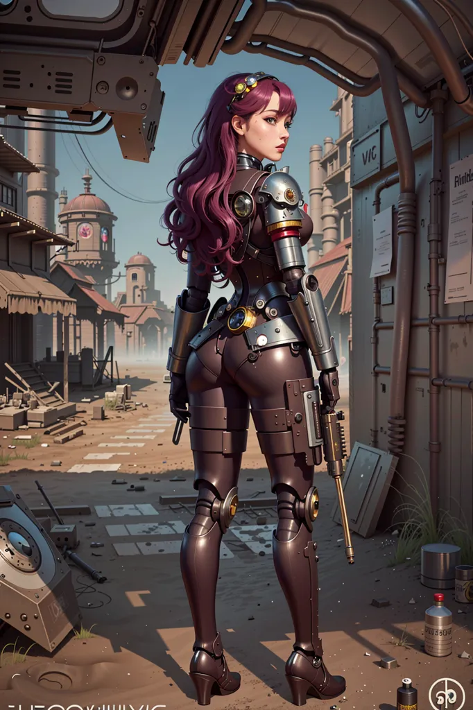 This is an image of a female cyborg. She has long purple hair and is wearing a black and purple bodysuit. She is also wearing a pair of high heels. The background is a city that is in ruins. There are buildings and structures that are destroyed and there is debris everywhere. The cyborg woman is standing in the middle of the street and she is looking at the destruction.