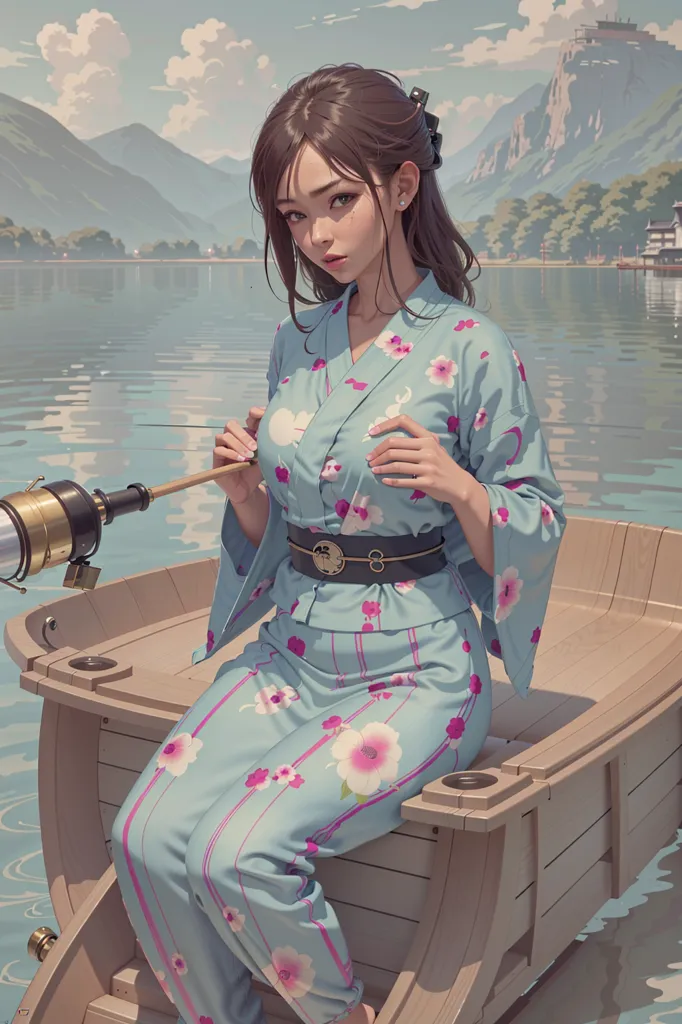 The picture shows a young woman in a blue kimono with pink flowers sitting in a boat. The boat is on a lake surrounded by green mountains. The woman is holding a fishing rod. She has long brown hair and brown eyes. She is wearing a pink obi sash. The boat is made of wood and has a brown roof. The water in the lake is green and clear. The sky is blue and there are some white clouds.