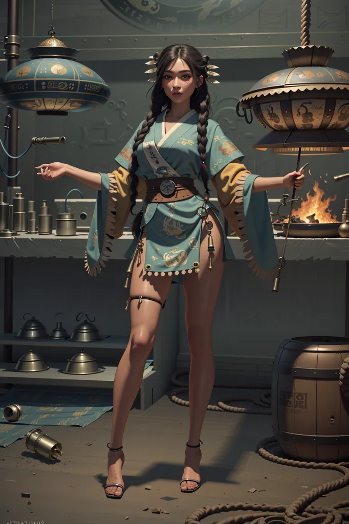 The image shows a young woman standing in a steampunk setting. She is wearing a blue and white kimono with a yellow obi and has her hair in two long braids. She is also wearing a pair of black sandals and has a belt with a pouch on her right hip. The woman is standing in front of a wooden table with a variety of steampunk gadgets and tools on it. There is also a large wooden barrel and a metal lantern on the table. The woman has her left hand resting on the table and her right hand is holding a metal pipe. She has a confident expression on her face and looks like she is ready to work.