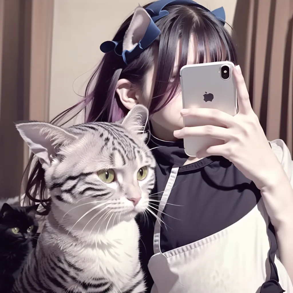 La imagen muestra a una mujer joven con orejas de gato y un gato negro en su hombro. Ella está usando un delantal blanco y una blusa negra. La mujer está sosteniendo un teléfono y tomándose un selfie. Tiene el cabello morado y ojos azules. El gato está mirando a la cámara. Hay otro gato detrás de su hombro.