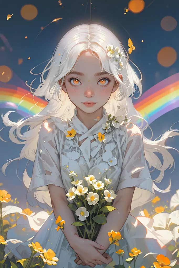 This image shows a beautiful anime girl with long white hair and orange eyes. She is standing in a field of yellow flowers, holding a bouquet of white flowers. She is wearing a white dress with a yellow sash. There is a rainbow in the background and butterflies flying around her.