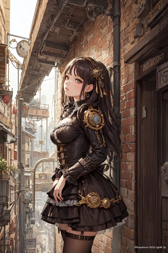 This is an image of a young woman standing in a steampunk setting. She is wearing a black corset with brown and gold accents, a black skirt with a white underskirt, and black stockings. She has a brown steampunk-style hat on her head and is looking at the viewer with a neutral expression. She is standing in front of a brick building with a wooden door. There are various steampunk gadgets and decorations on the buildings in the background.