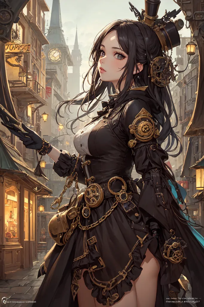 This is an image of a young woman standing in a European-style street. She is wearing a steampunk-style outfit, which includes a black dress with gold trim, a brown corset, and a black hat with a steampunk accessory. She also has a clock necklace and other steampunk accessories. The background is a street with buildings, a clock tower, and a few street lamps.