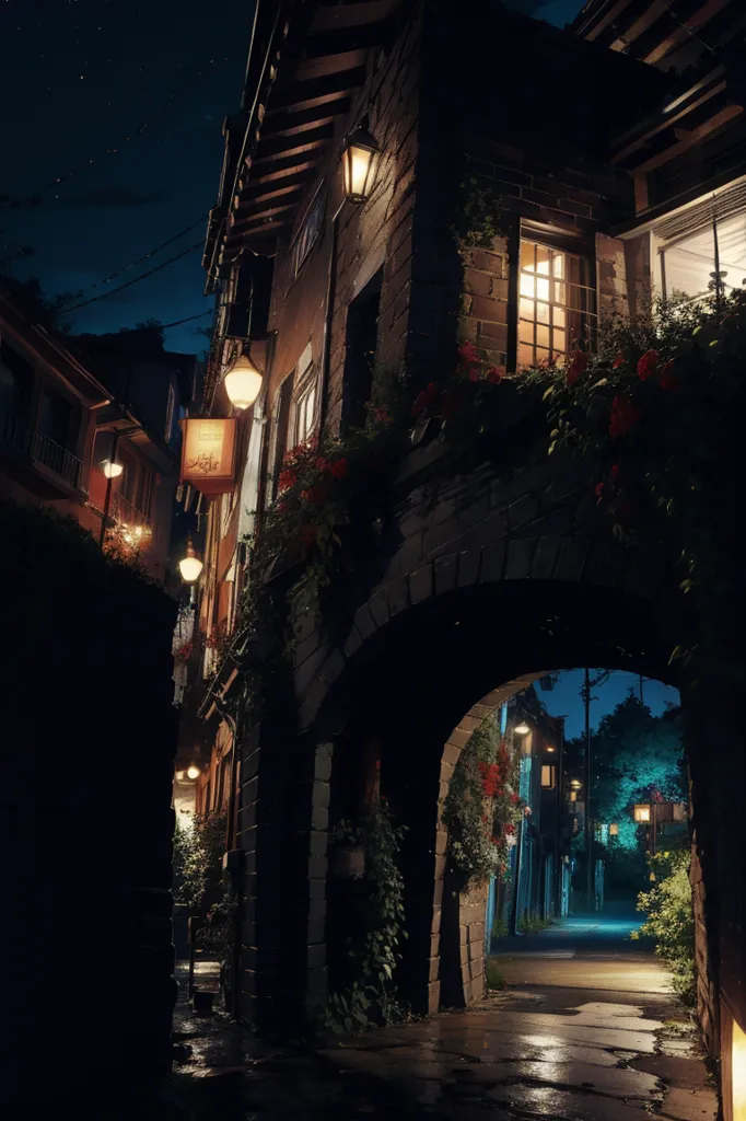 La imagen es una escena callejera en un pueblo de estilo europeo. Es de noche y la calle está iluminada por algunas farolas. Los edificios están hechos de ladrillo y tienen persianas de madera. Hay algunos árboles y plantas en la calle y flores colgando de los edificios. La calle está mojada por la lluvia. Hay un arco de piedra que conduce a otra calle. El cielo está oscuro y hay algunas estrellas en el cielo.