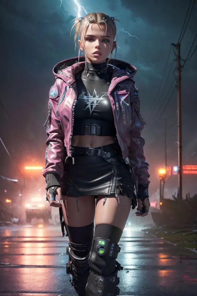 The image shows a young woman, probably in her 20s, dressed in a black and pink outfit. She is wearing a black leather skirt, a pink jacket, and a black crop top. She also has a pair of black boots and a pair of black gloves. Her blonde hair is in a ponytail and she has a confident expression on her face. She is standing in a dark and rainy street with a city in the background. There is a lightning storm in the sky and the street is empty.