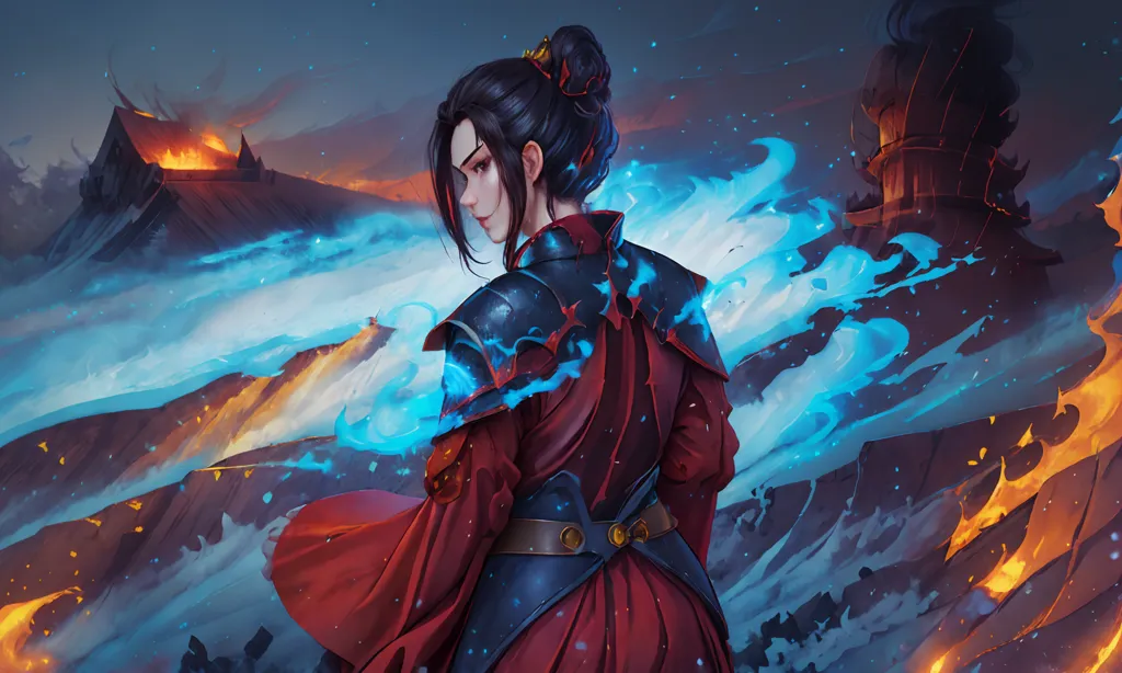 L'image montre une jeune femme debout sur une falaise. Elle porte une tenue rouge et bleue et a les cheveux attachés en chignon. Elle regarde une montagne au loin qui érupte avec des flammes bleues. Il y a aussi des flammes bleues tourbillonnant autour d'elle.