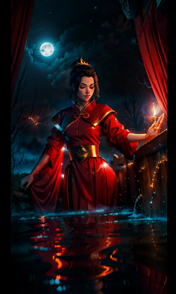 The image is of a woman standing in a pool of water. She is wearing a red dress with a high collar and a golden belt. Her hair is dark and pulled back in a bun. She is holding a candle in her right hand. The background is dark and there is a full moon in the sky. The woman is looking at the candle with a sad expression on her face.