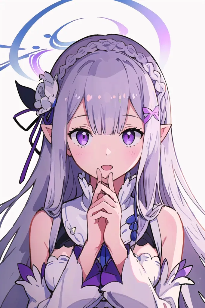 The image shows a young girl with long purple hair and purple eyes. She is wearing a white dress with a purple sash and has a flower in her hair. She has a shy smile on her face and is looking at the viewer. The background is white with a light blue circle around her head.