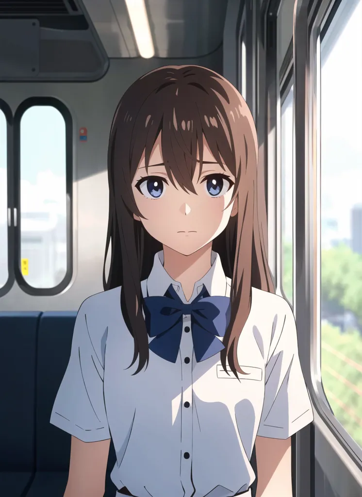 The image shows a young girl with long brown hair and blue eyes. She is wearing a white shirt with a blue bow tie. She is sitting in a train and looking out the window. The background is blurred, but it looks like there are trees outside the window. The girl has a sad expression on her face.