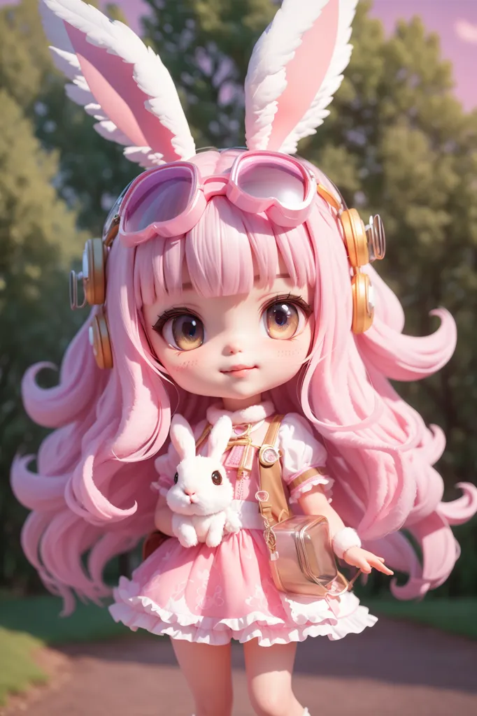 L'image montre une fille de style anime aux cheveux roses et aux oreilles de lapin. Elle porte une robe rose et une paire de lunettes de protection. Elle porte également un lapin en peluche. L'arrière-plan est une forêt floue.