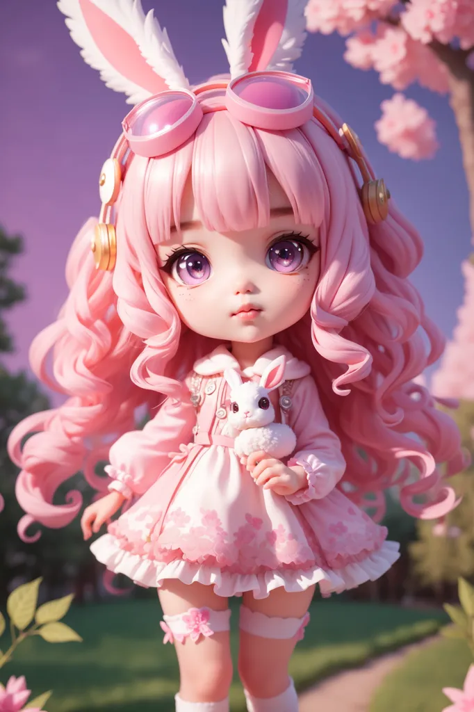 A imagem é uma renderização 3D de um personagem chibi com cabelo rosa e olhos roxos. Ela está usando um vestido rosa com um colarinho branco e botas rosa. Ela também tem um par de orelhas de coelho na cabeça e um par de óculos de proteção no topo da cabeça. Ela está em pé em um campo de flores rosas e há algumas árvores ao fundo.