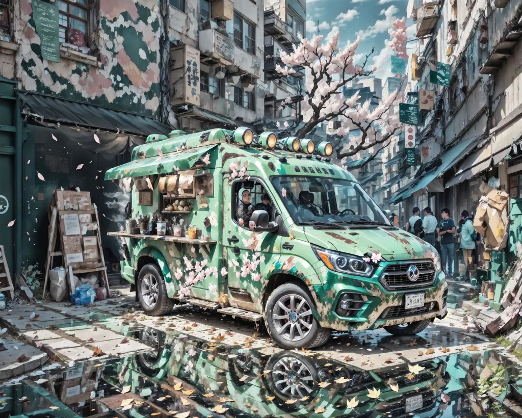 A imagem está ambientada em uma rua da cidade com uma árvore em primeiro plano. A rua está molhada pela chuva e há folhas no chão. Há pessoas caminhando pela rua e uma van verde estacionada à beira da estrada. A van tem uma imagem de um gato no lado e as palavras "Café" e "Chá" na parte de trás. Há também algumas flores na van. Os edifícios ao fundo são altos e há algumas árvores ao longe. O céu está azul e há algumas nuvens.